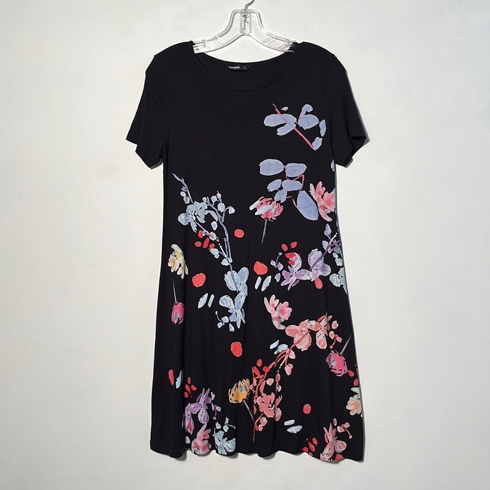 DESIGUAL "Cicero" Party Career Floral Short SLV Scoop Black/Multi Sheath SZ S